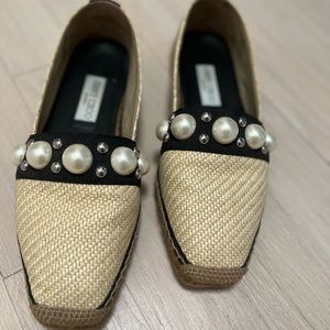 Jimmy Choo Shoes - Dru Pearly Stud Woven Flat Espadrilles - Size 10
